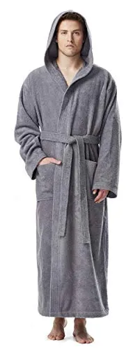 Herren Bademantel mit Kapuze - Grau, Größe S-M - Bademäntel für Herren, aus 100% schadstofffreier Baumwolle, atmungsaktiv und leicht, ideal für Sauna, Spa und Wellness.