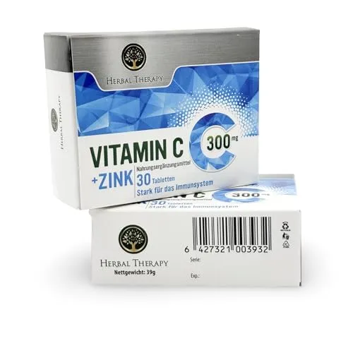 Vitamin C + Zink, 300mg, Hochdosiert, unterstützt Immunsystem, gegen Müdigkeit, stärkt die Eisenaufnahme - VEGAN, 30 Tabletten, Gluten- & Laktosefrei - HERBAL THERAPY