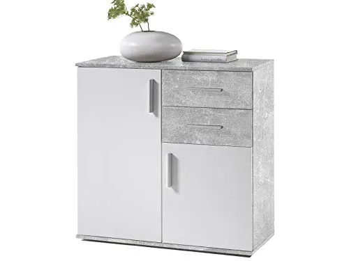 möbelando Kommode Schrank Sideboard Mehrzweckschrank Standschrank Freida IV Beton/Weiß