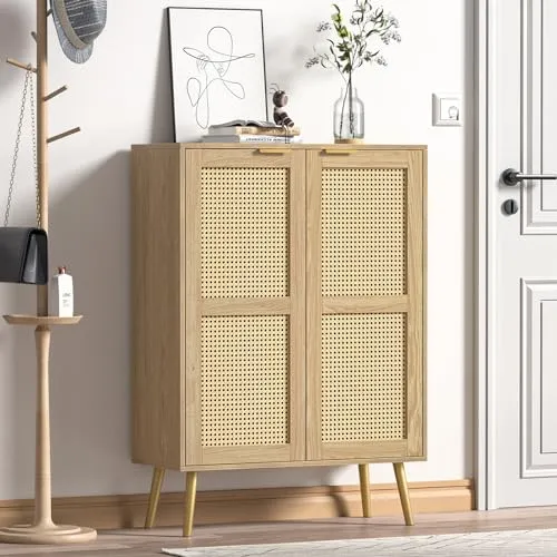 Skokliz Rattan Sideboard, Küchenschrank mit 2 Türen, Buffetschrank mit verstellbares Regal, Küchenbuffet für Küche Wohnzimmer Esszimmer, Flur, Holz, Landhausstil 80 x 34 x 112 cm