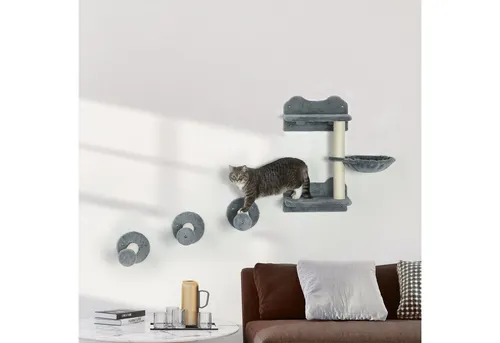 PawHut Katzen Kletterwand 4-teilig - Aktivitätskratzbäume: Das 4-teilige Kletterstufen-Set bietet Katzen eine sichere und bequeme Möglichkeit zum Klettern, Spielen und Entspannen mit einem stabilen Kern aus Spanholz.