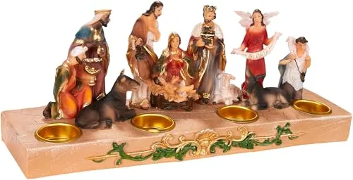 BRUBAKER Krippenfigur Kerzenhalter - Handbemalte Weihnachtskrippe mit Jesus, Maria, Josef und Königen - Krippenfiguren: Handbemalte Kerzenhalter für 3 cm Ø Stabkerzen, ideal für festliche Tischdekoration und Adventszeit.
