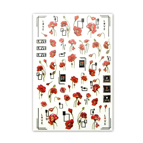 Blatt Nagelsticker - hauchdünne Stick On Nail Slides - Selbstklebende Nail Sticker mit Metallicfolie, Mohnblumen, Poppies, Love 3
