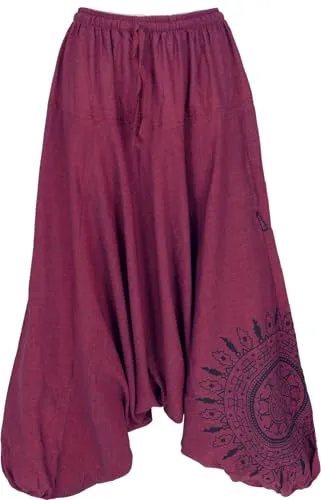 Haremshose Pluderhose - Weinrote Pumphose mit Mandala - Hosen im Ethno Style aus 100% Baumwolle, fair gehandelt in Nepal. Ideal für ganzjährige Nutzung, weit geschnitten mit bequemen Bund und Tunnelzug.