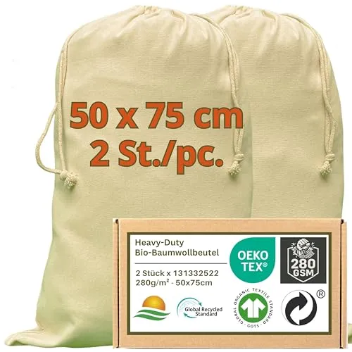 WIESEN.design Wäschesack - 280 g/m² OEKO-TEX® zertifizierte Heavy-Duty Baumwolle für langlebige, professionelle Anwendungen, 50x75 cm - 2 St. Wäschebeutel, Laundry bag, Wäschebeutel Reise,