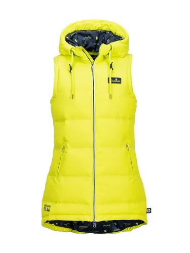 SCHIETWETTER Damen Steppweste Michaela - Komfortabel und gefüttert in Rotmund Lime 46 - Funktionsjacke aus synthetischen Daunen für Wärme und Komfort ohne Tierprodukte. Verstellbare Kapuze und praktische Reißverschlusstaschen für vielseitige Einsatzmöglichkeiten.