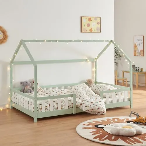 [en.casa] Kinderbett Sisimiut Hausbett 90 x 200 cm - Kleinkindbett aus hochwertigem Kiefernholz mit sicherem Rausfallschutz. Attraktive Haus-Optik in Mintgrün/Weiß für eine gemütliche Schlafumgebung.