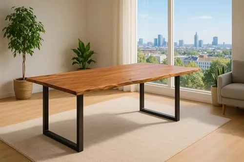 SAM Esszimmertisch 200x100 cm Laurina, Baumkantentisch aus Akazienholz, massiv + nougatfarben, U-Metallgestell Schwarz, Esstisch mit echter Baumkante