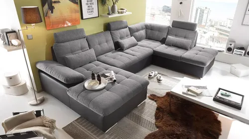 Wohnlandschaft Ecksofa Jakarta - Komfortables Sofa in Schwarz/Anthrazit - Kategorie: Sofas & Sessel, Besondere Merkmale: Verstellbare Armlehnen und Schlaffunktion für optimalen Komfort im Wohnzimmer.
