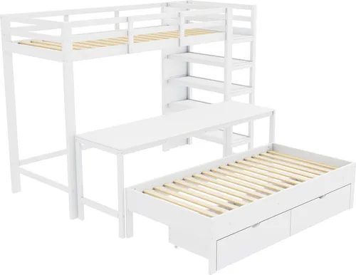 Multifunktionales Kinder-Etagenbett aus Massivholz mit Tisch und Aufbewahrung