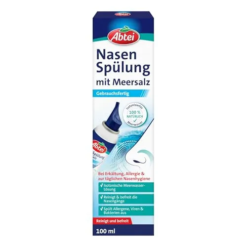 Abtei Nasenspülung mit Meersalz - bei Erkältung und Allergie - Arzneimittel zur Linderung von Schnupfen und Allergien, mit isotonischer Meerwasserlösung für feuchtigkeitsspendende Pflege der Nasenschleimhaut.