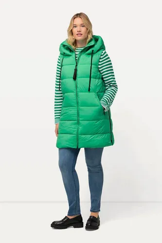 Ulla Popken Damen HYPRAR lange Steppweste in großen Größen - Wasserabweisende und leichte Steppweste mit Stehkragen, verstellbarer Kapuze und praktischem 2-Wege-Reißverschluss. Ideal für kühle Tage, mit 2 gefütterten Reißverschlusstaschen und 1 Innentasche.