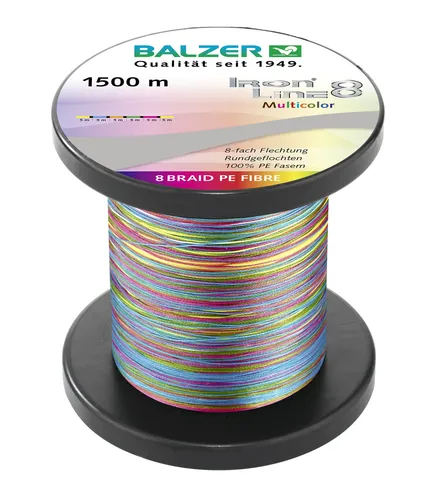 Balzer Iron Line 8 Multicolor - 1500m geflochtene Schnur - Angelschnur für Spinnfischen, multicolor für bessere Sichtbarkeit, hohe Tragkraft von 8.1kg und abriebfest für lange Haltbarkeit.