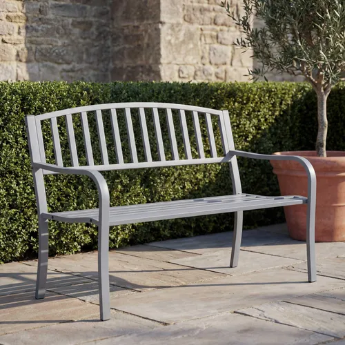 MCW Gartenbank F43 Grau - Elegante Sitzgelegenheit - Gartenbänke, ideal für Innen- und Außenbereich, bietet Platz für zwei Personen und überzeugt durch eine stabile Stahlkonstruktion mit Bodenschonern.