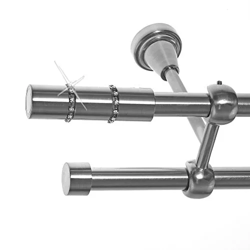 BASIT Gardinenstange I Edelstahl Look Metall Ø 16mm I Vorhangstange I Gardinenstangenset I Deckenbefestigung I 2 läufig mit Deckenmontage I Zylinder mit Kristall I Länge 240 cm I Design D24 E26 E16