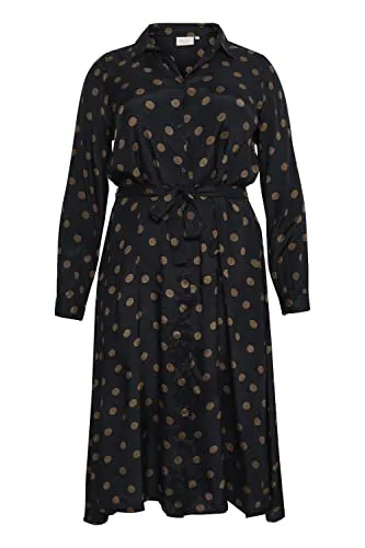 KAFFE CURVE Kleid KColivia Damen Große Größen Kleid Mit Kragen Casual Langarm Umlegekragen Black with Mustang Dot 50