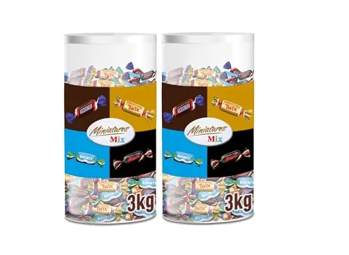 Miniatures Mix | 2 x 3kg | Mini Schokoriegel Großpackung - Die 3 kg Mix-Box bietet eine bunte Auswahl an Mini-Schokoriegeln von Mars, Snickers, Bounty und Twix. Perfekt zum Teilen bei Feierlichkeiten oder als süßes Geschenk für Freunde und Familie.