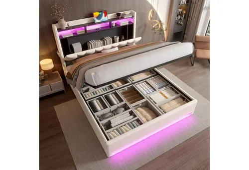 Odikalo Stauraumbett Polsterbett Jugendbett 160x200cm Grau/Beige mit Kopfteilregal - Gepolstertes Stauraumbett 160 x 200 cm mit klappbarem Kopfteilregal für Bücher und Brille. Praktischer Stauraum und stabiler, gasfederunterstützter Lattenrost für bis zu 300 kg – ideal für stilvolle Schlafzimmer.