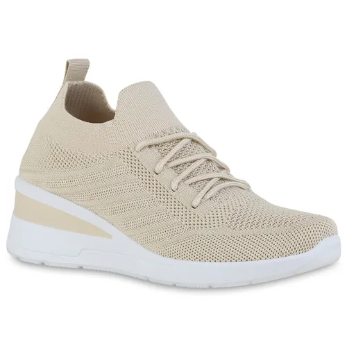 VAN HILL Damen Sneaker Wedges - Bequeme Keilsneaker in Beige - Damen-Sneaker mit stylishen Keilabsatz und gestrickter Profilsohle, ideal für Freizeit und Alltag, bequem und modisch.