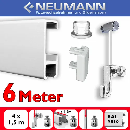 Galerieschiene mit Gleiter 6 m, Bilderschienen-Set mit Zubehör, weiß
