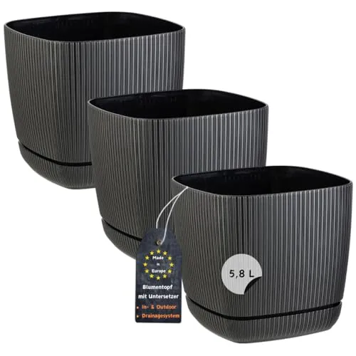 Engelland - 3 x Blumentopf mit Drainagesystem, Untersetzer, Farbe: Schwarz, Rillenoptik, Pflanz-Topf, Kübel, modern, Kunststoff, quadratisch, 21 x 21 cm, 5,8 Liter
