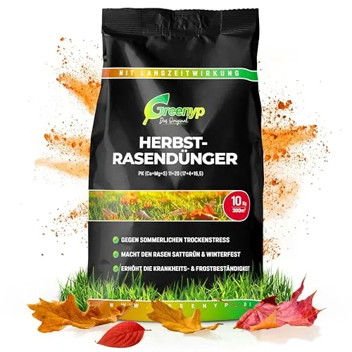 Greenyp Herbstrasendünger Langzeit (10kg / 300m²) I mit 90 Tage Langzeitwirkung + extra Kalium I macht den Rasen Winterfest & Tiefgrün I Herbstdünger Rasen Rasendünger Herbst