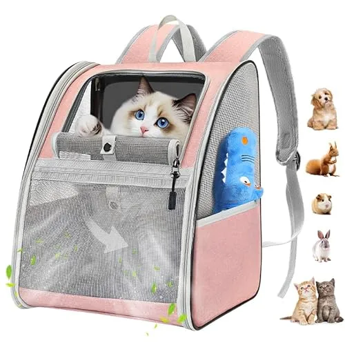 Pawaboo katzenrucksack, hunderucksack für Katzen Hunde Welpen mit Fenster, Haustier Rucksack cat Backpack Dog Backpack mit Atmungsaktivem Mesh für Wandern - Rosa, Bis 10KG