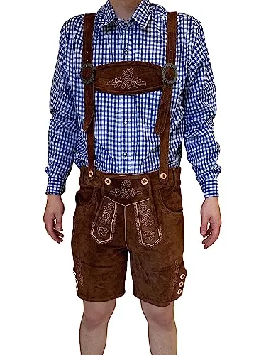 Dretaild Herren Lederhose Tracht Kurz mit Hosenträgern - Premium Trachtenlederhose aus 100% Rindleder, ideal für Oktoberfest und festliche Anlässe. Stilvolle Hosenträger und eleganter Schnitt sorgen für höchsten Tragekomfort und zeitlose Eleganz.