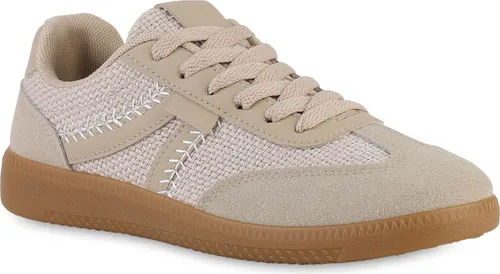 VAN HILL Damen Sneaker Low Schnürer Bequeme Strick Freizeit Schuhe 841527, Farbe: Khaki, Größe: 37