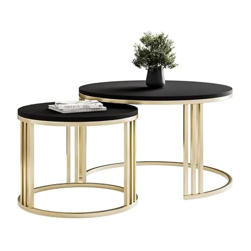 Lookway Couchtisch LORI 2in1 MATT mit gebürstetem goldfarbenen Gestell (Set von 2)
