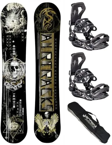 Airtracks Herren Snowboard Set Freeride Freestyle - Wow Carbon Hybrid Rocker Snowboard Wide 164 - Softbindung Master XL - SB Bag