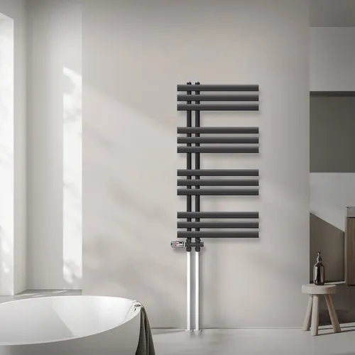 Iron EM Radiator Handtuchheizkörper 50 x 100 cm - Heizkörper in Anthrazit, aus hochwertigem Stahl mit 500 W Wärmeleistung, ideal für modernes Bad-Design und schnelle Wärme.
