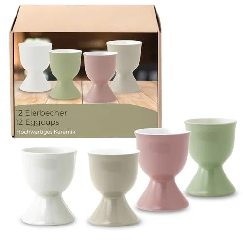 Eierbecher 12er Set in 4 hellen Farben aus Keramik - Spülmaschinenfeste Eierhalter für Frühstückstisch