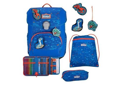 Scout Neo Exklusiv Superflash Schulranzen Set 4tlg. Blue Dino - Schulranzen Set für Jungen, leicht mit nur 1,25 kg, aus umweltfreundlichem Recycled PET, ideal für die Schule und Freizeit.
