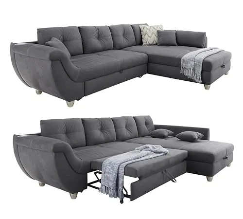 ECKSOFA groß mit Rutschen-Armlehne und Schlaffunktion - Großes Sofa mit 330x207 cm, ausziehbarer Schlaffunktion und Bettkasten für optimalen Stauraum. Pflegeleichter Mikrofaser-Bezug in Grau, ideal für entspannte Filmabende oder Übernachtungsgäste.