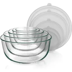 Arendo Salatschüssel Set mit Deckeln, 5x Borosilikatglas, 1L bis 4,4L - Das Arendo Salatschüssel Set bietet 5 hochwertige Glasschalen von 1L bis 4,4L für vielfältige Einsatzmöglichkeiten in der Küche. Hitzebeständig und spülmaschinengeeignet, ideal für die Zubereitung und Aufbewahrung.