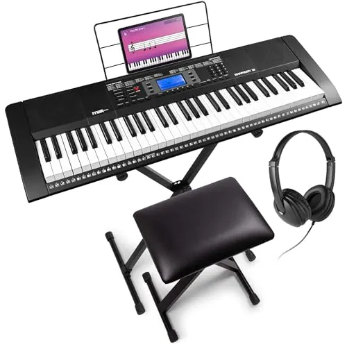 MAX Rhapsody61M - MIDI Keyboard Piano mit 61 Tasten, Keyboard mit Ständer, Kopfhörer und Hocker, Anschlagdynamik, LCD Display, 8h Akku, 40 Demo-Songs für Anfänger mit Lern-Funktion, 300 Sounds