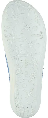 Fly Flot Damen Pantoffel Hausschuh gestreift Mesh Keilabsatz 330060, Größe 42, Blau - Bequeme Damen Pantoffel von Fly Flot mit stylish gestreiftem Mesh-Obermaterial und leichtem Keilabsatz. Ideal für den Alltag, sorgt für hohen Tragekomfort und rutschfesten Halt.