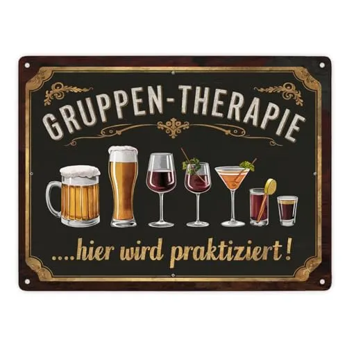 Gruppen-Therapie Alkohol Metallschild XXL in 28x38 cm - Hier praktiziert Gruppen-Therapie im vintage-Stil Perfekt für Hausbar Pub Bierkrug Bier Gläser Rotwein Cocktailgläser