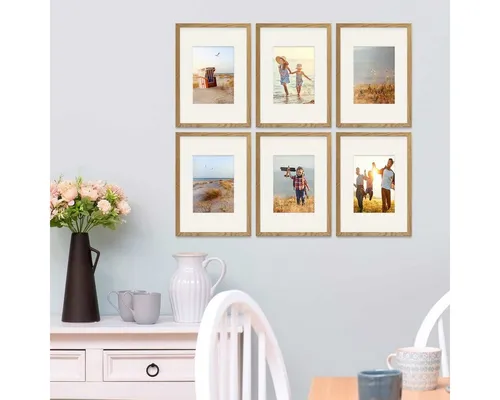 PHOTOLINI Bilderrahmen Echtholz 6er Set 21x30 cm - Einzelrahmen aus Echtholz mit bruchsicherem Acrylglas, ideal für kreative Wandgestaltungen in jedem Raum. Perfekt für Fotos und Erinnerungen, inklusive Passepartouts und Zubehör für einfache Montage.