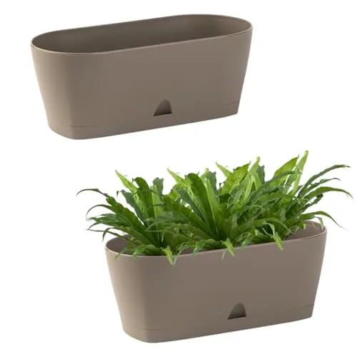 Engelland - 2 x Blumenkasten mit Untersetzer, Braun, Balkonkasten, Pflanztopf, 25 cm, Tischdeko, für Garten, Terrasse, Fensterbank, mit Wasserauffangschale, Innen- & Außenbereich, 1,7 Liter