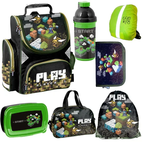 7er Set Schulranzen GAME Pixels Minecraft Motiv - Schulranzen Set mit Minecraft Design, inklusive Regenschutz und ideal für kreative Schüler. Unisex und farbenfroh!