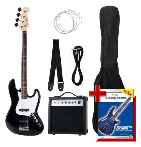 Rocktile Groover's Pack JB E-Bass Komplettset Schwarz - Gitarren Komplettset mit Verstärker, Tasche, Kabel und DVD für den perfekten Einstieg in die E-Bass-Welt. Ideal für Anfänger und Jazz-Liebhaber!