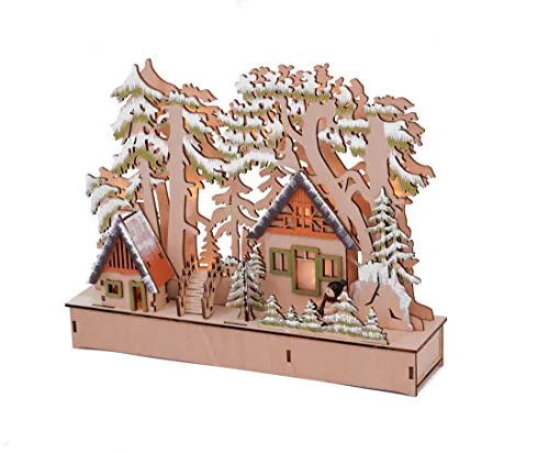 Spetebo Holz Winterlandschaft beleuchtet 30x23 cm - 10 LED - Weihnachts Dorf Tisch Deko Szene Fensterdekoration