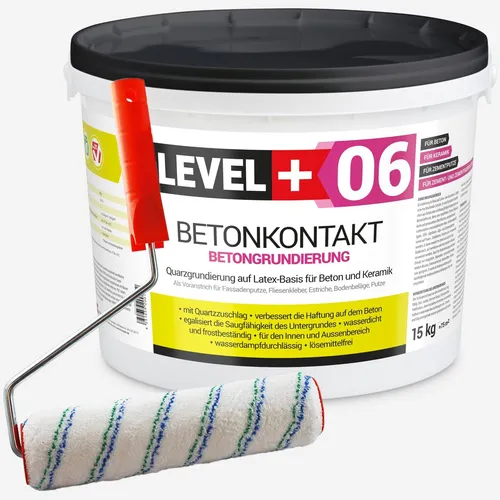 Betonkontakt Putzgrund Haftbrücke 15 Kg mit Farbroller - Grundierung für Innen und Außen, schnelltrocknend und frostbeständig, ideal für verschiedene Oberflächen wie Beton und Holz.