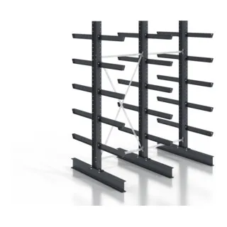 STIER Kragarmregal schraubbar doppelseitig 2 Felder - Robustes Industrieregal mit 5 Ebenen, ideal für die platzsparende Lagerung von langen Materialien. Maße: 2560x3130x400mm.