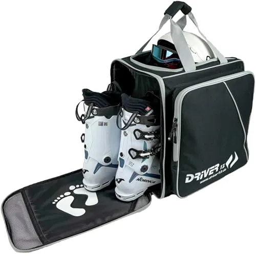 Driver13 Skistiefelrucksack mit Helmfach, Bootbag Rucksack für Skischuhe und Snowboardboots, Maße: 40 x 28 x 44 cm, schwarz/grau