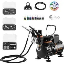 VEVOR Airbrush Set 1/6 PS mit Luftkompressor, 3 Dual Action Airbrush Pistolen mit 3 Düsen (0,3/0,3/0,8 mm) & Schlauch & Acrylfarbe & 2 Ventilatoren, für Kuchendekoration Modellmalerei Nagelkunst