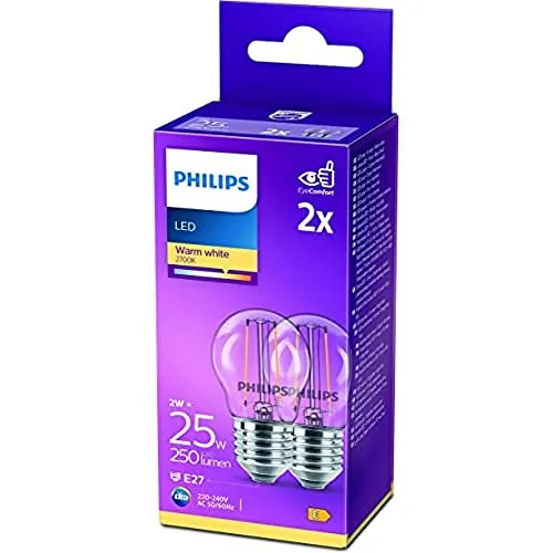 Philips LED Classic E27 Lampe, 25W, Tropfenform, klar, warmweiß, 2er Pack