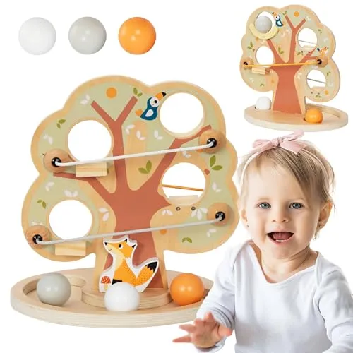 Mamabrum Holzspielzeug für Kinder 18m+ - Pipe Shaped Bäume, fördert Phantasie und Koordination mit 4 Ebenen und 3 bunten Kugeln
